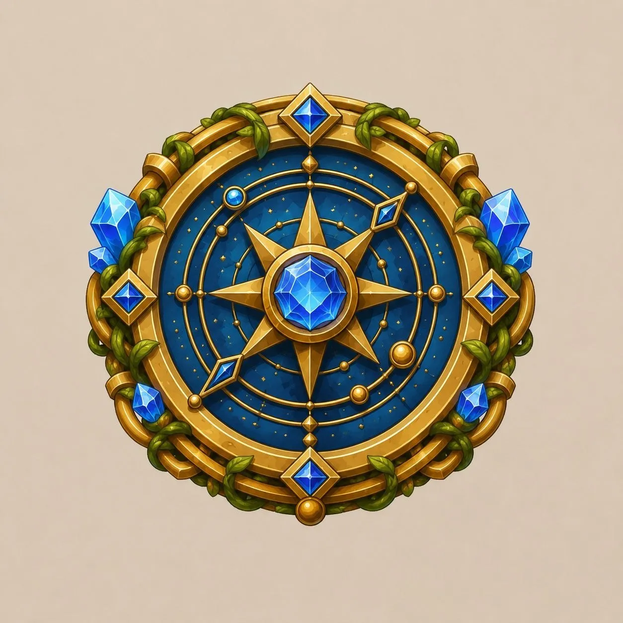 An ornate blue-and-gold compass encircled by green vines and crystal markers.