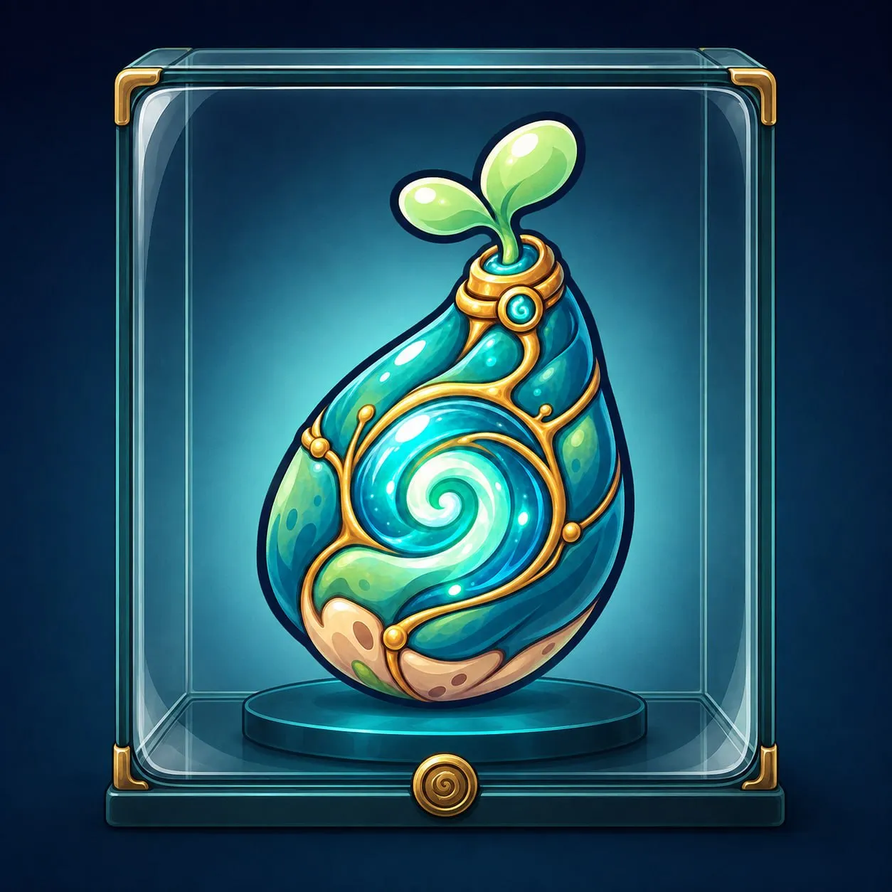 A luminous seed vessel held inside an ornate workshop reliquary.