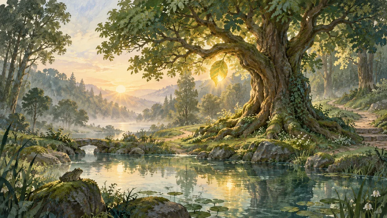 A painted dawn grove with a rooted tree, glowing leaf, pond, branching paths, and a small toad resting by the water.
