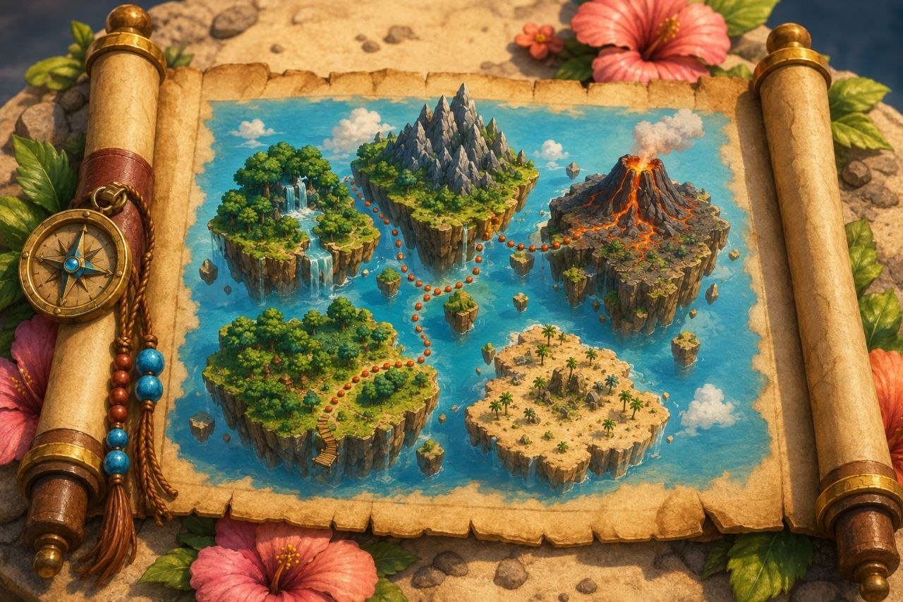 An illustrated atlas with forest, mountain, volcanic, and sandy floating islands connected by paths over water.