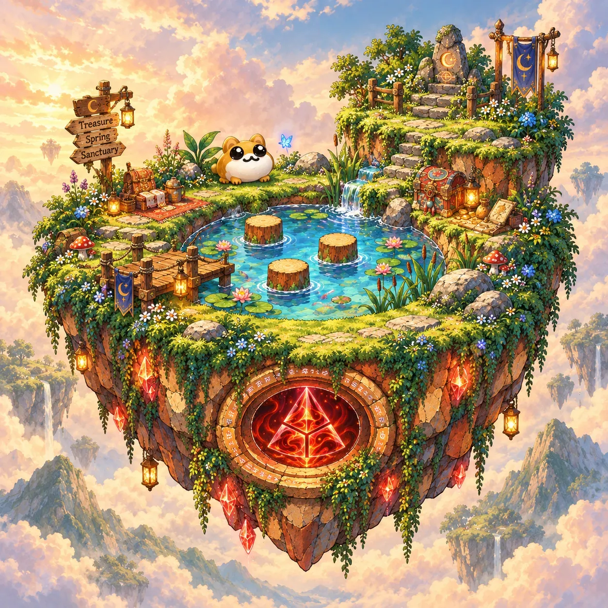 An imagined floating pond garden with stepping stumps, a small chest, and a round creature.