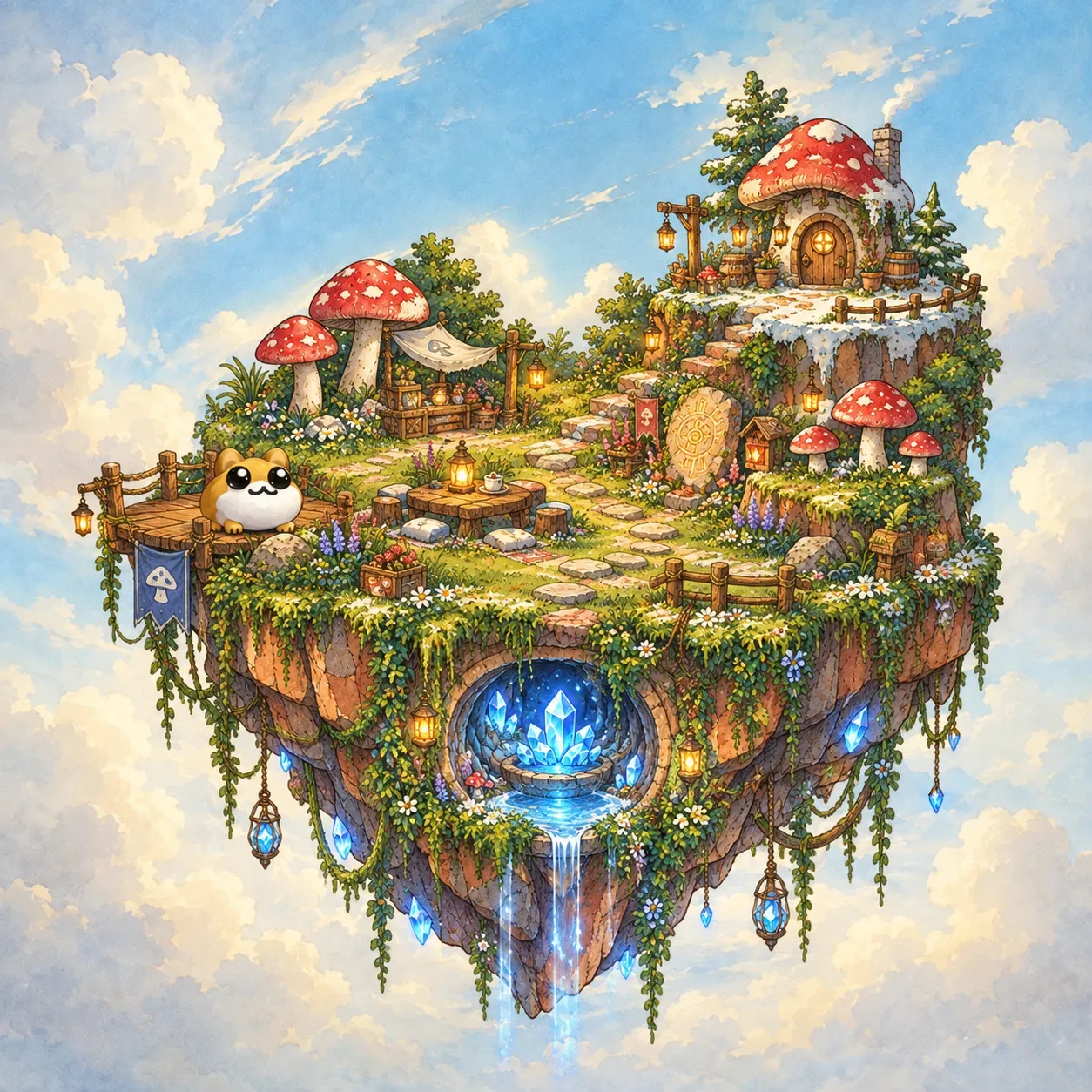 An imagined floating refuge with mushroom homes, crystal water, and a round creature.