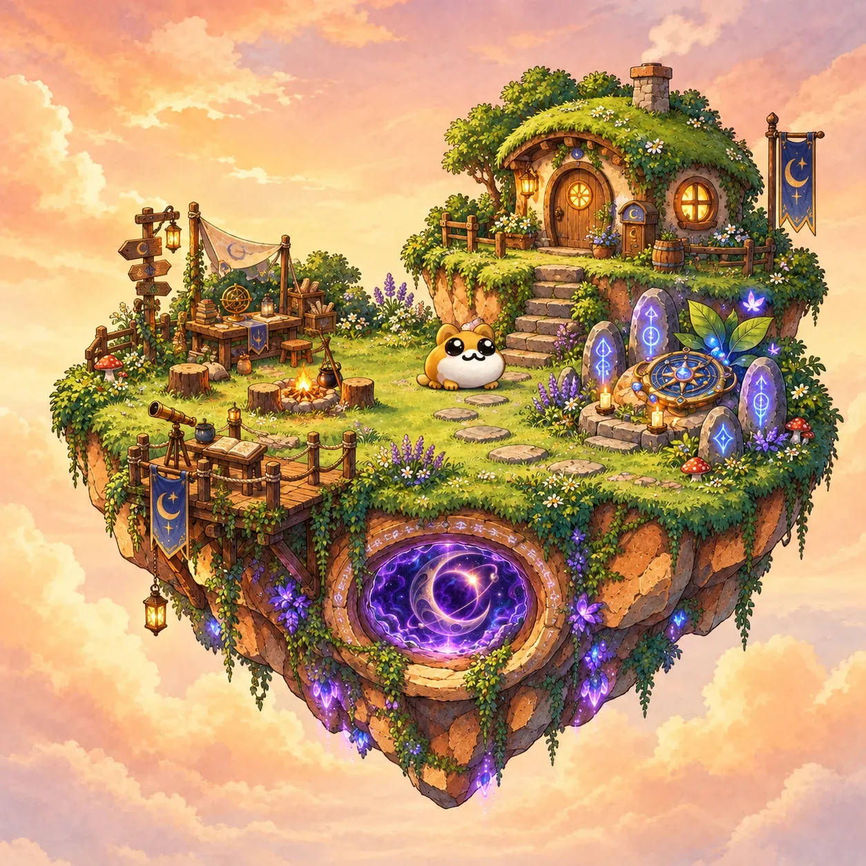An imagined floating sanctuary with a cottage, observatory tools, a round creature, and a glowing threshold.