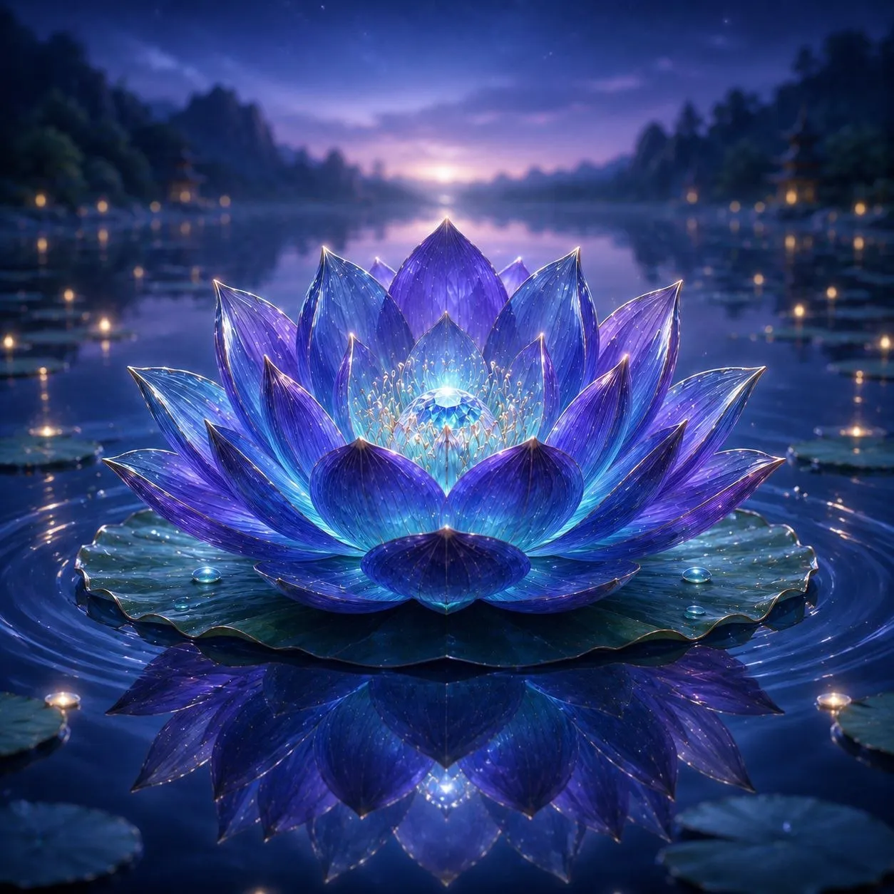 A luminous blue lotus opening over a moonlit pond.