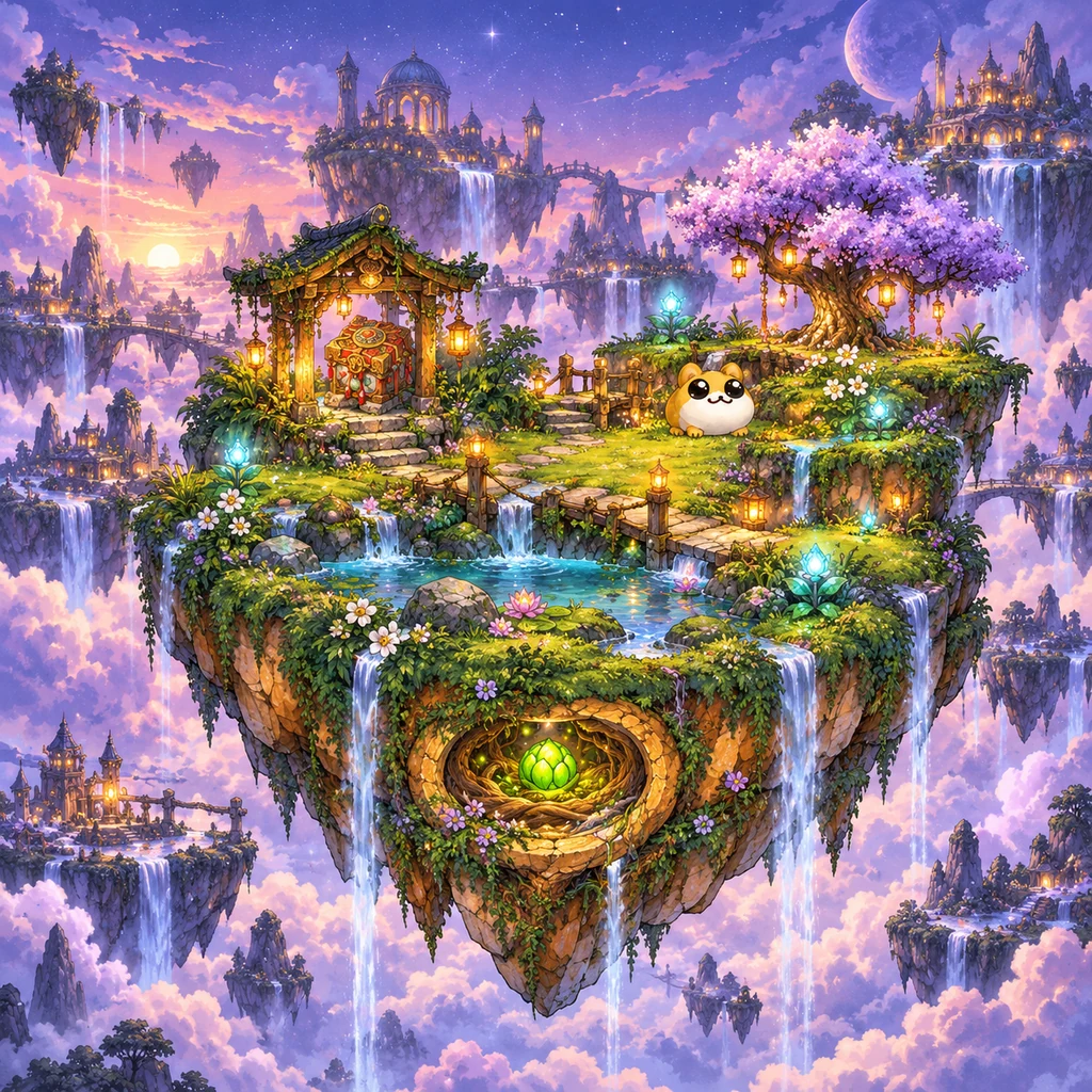 Imagined Mossmere #118 with a flowering tree, shrine around Kiribako, bridges and waterfalls beneath a violet sky.